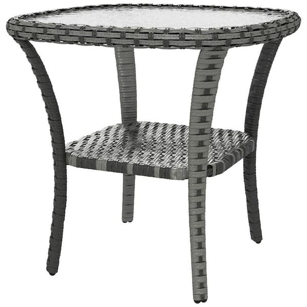 Gray Wicker Coffee Table, Water Ripple Glass Top and Storage Shelf