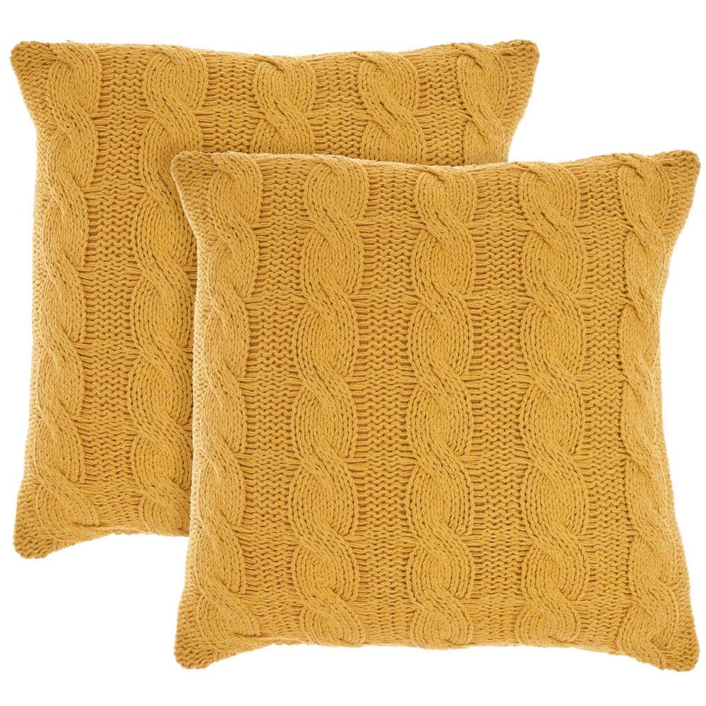 Yellow Cotton Knitted 18" Square Throw Pillows Set of 2