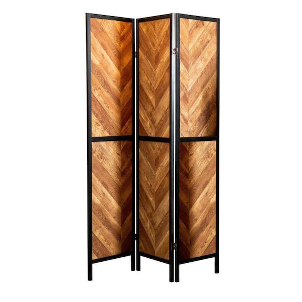 Benjara 70.25 in. Brown Herringbone Pattern Wood 3-Panel Folding Room Divider