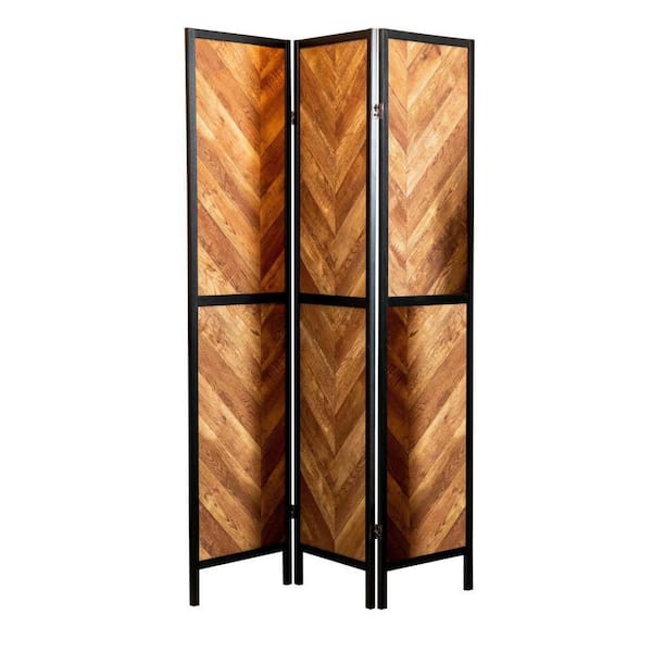 70.25 in. Brown Herringbone Pattern Wood 3-Panel Folding Room Divider