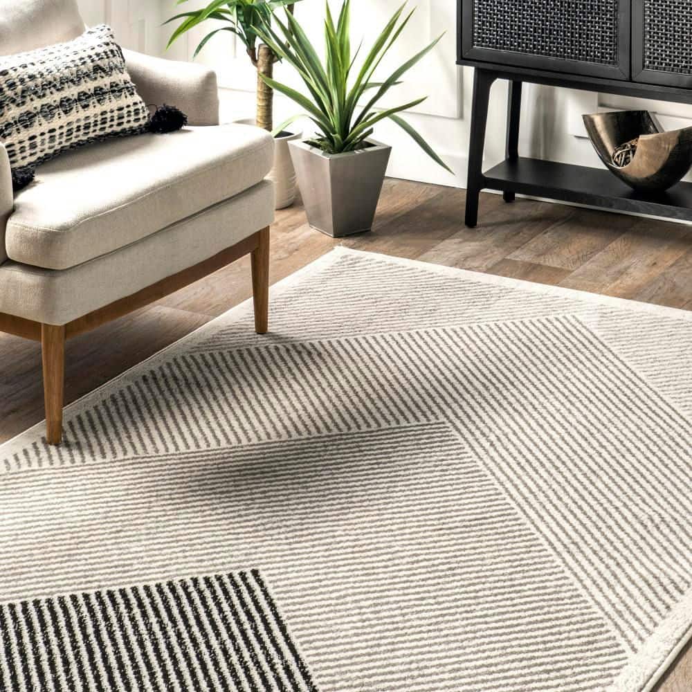 Gray and Black Striped Synthetic Rectangular Area Rug