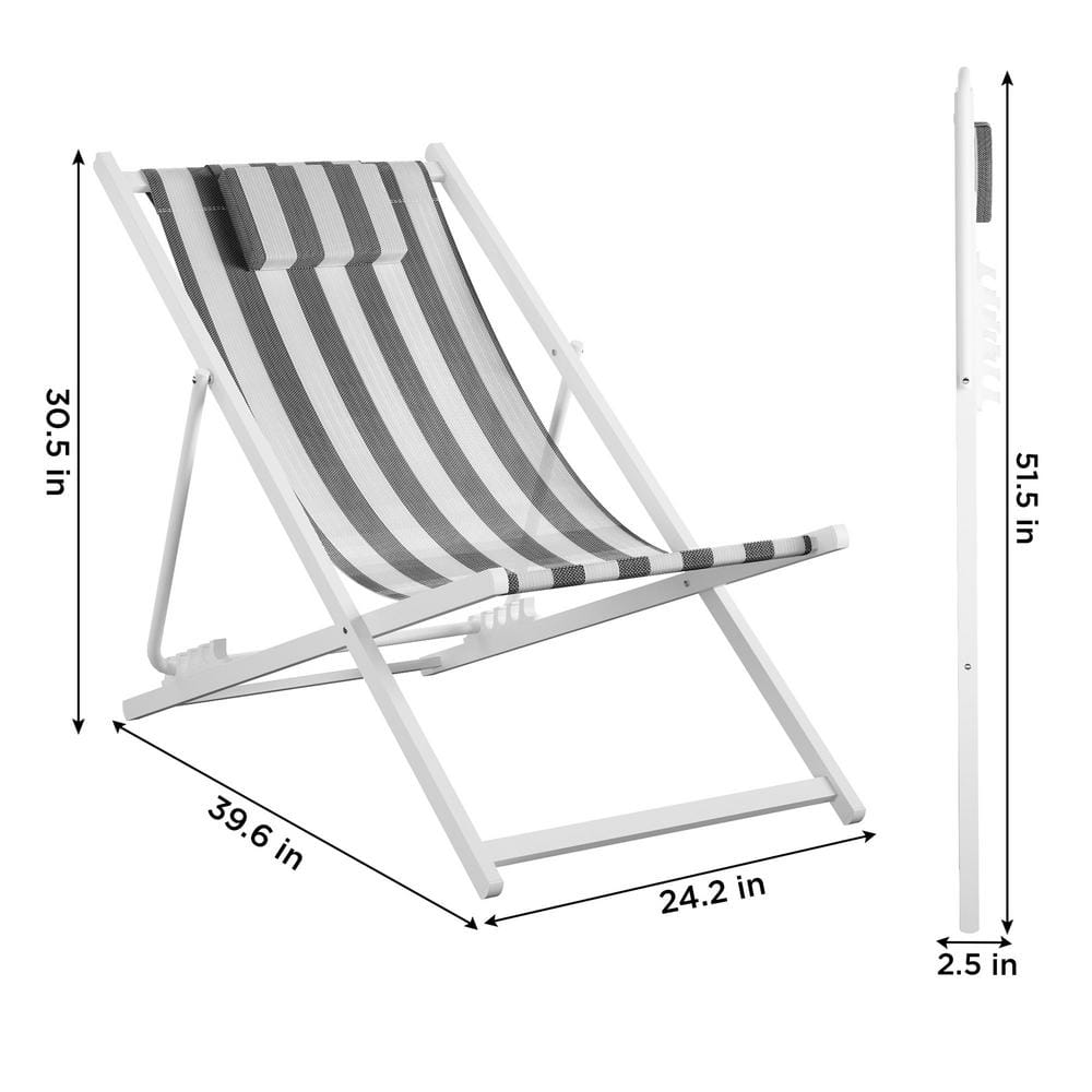 Classic Black and White Striped Foldable Beach Chairs, Set of 2