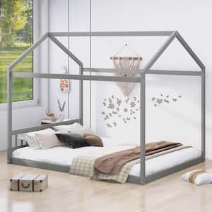 Gray Queen Wooden House Bed with Headboard