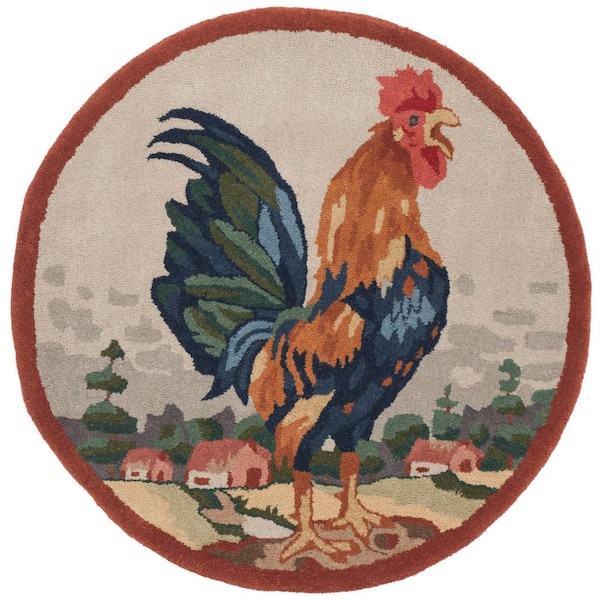Novelty 3 ft. x 3 ft. Ivory/Rust Rooster Round Area Rug