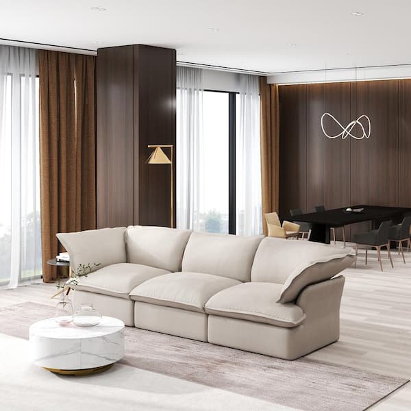 J&E Home 122 in. Flared Arm 3-Piece linen Modular Sectional Sofa in. Beige