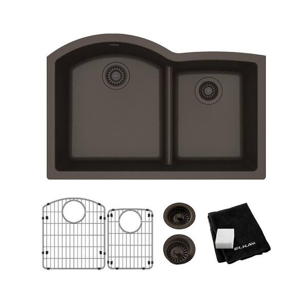 Elkay Quartz Classic Mocha Quartz 33 in. 60/40 Double Bowl Undermount Kitchen Sink with Bottom Grid and Drain