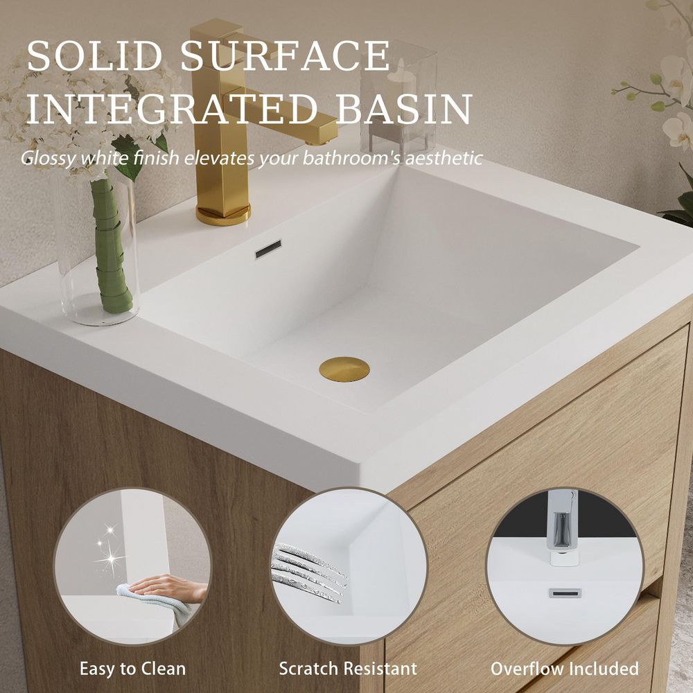 FAMYYT 24 in. W Single Sink Floating Natural Oak Bath Vanity with