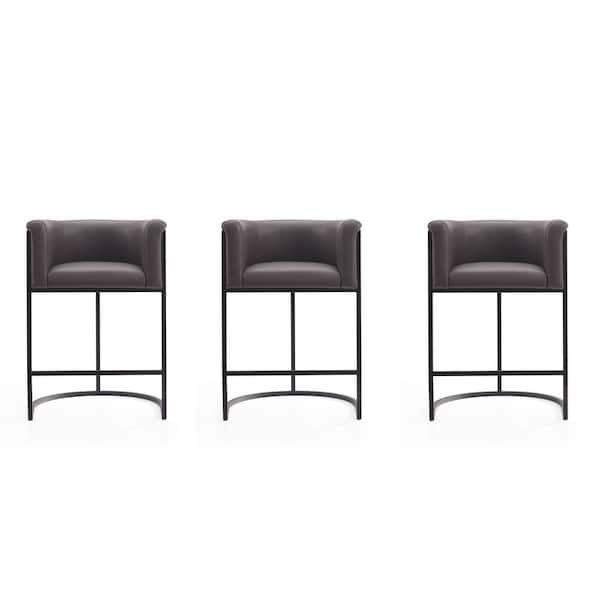 Manhattan Comfort Cosmopolitan 25.5 in. Pebble and Black Metal Counter Stool with Faux Leather Upholstered Seat (Set of 3)