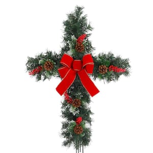 24 in. Christmas Greenery Cross with Red Berry Sprays and Red Bow Yard Stake