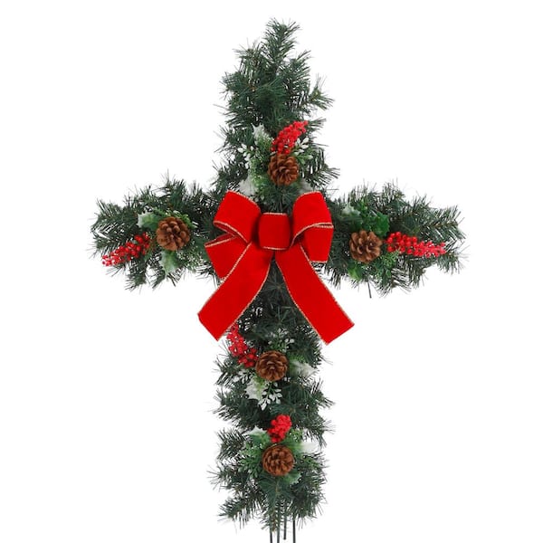 GERSON INTERNATIONAL 24 in. Christmas Greenery Cross with Red Berry Sprays and Red Bow Yard Stake