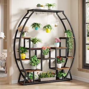 Eileen 69.7 in. Rustic Brown Tall Curve Wooden Indoor Plant Stand, 5-Tier Flower Rack with 8 Hanging Hooks