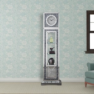 Silver Grandfather Clock Mirrored with 1-Drawer and Faux Diamonds