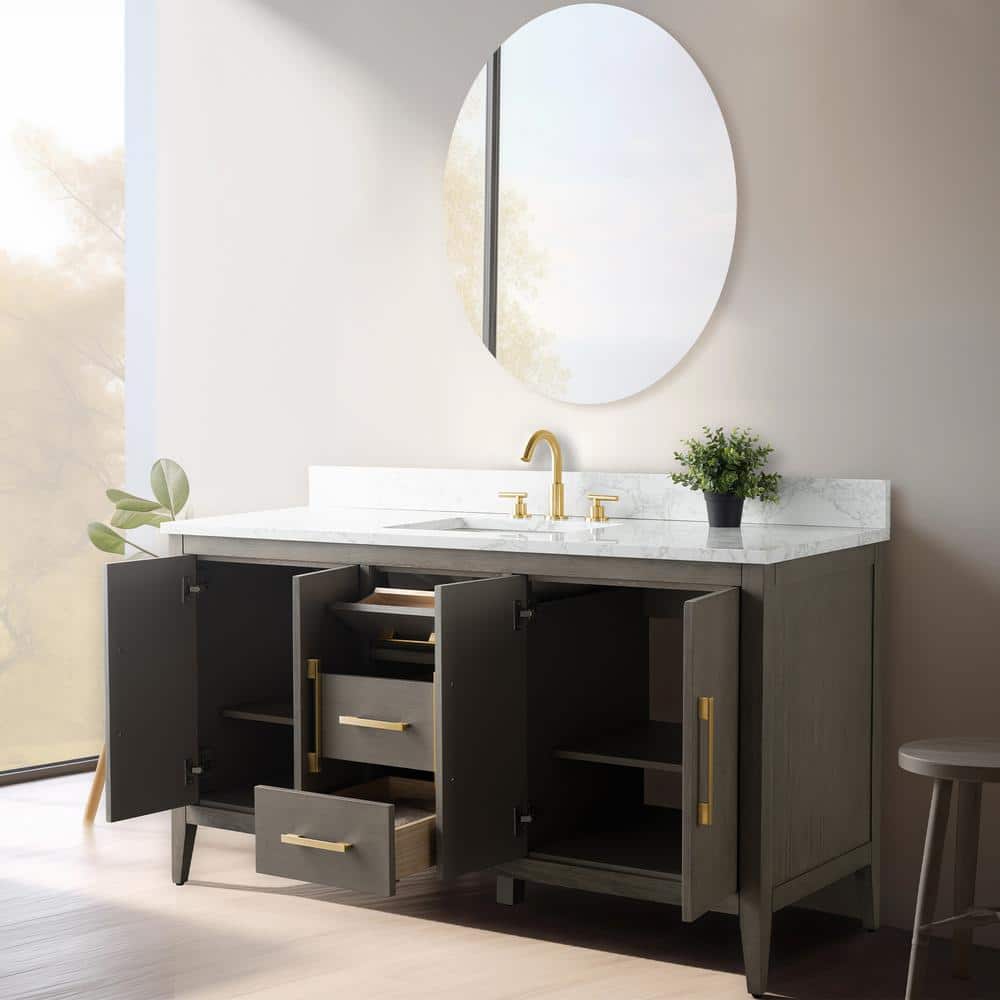 60'' Gray Single Bathroom Vanity with Marble Top