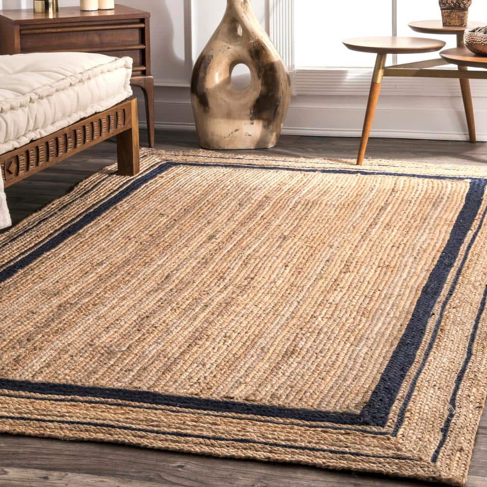 Navy and Natural Braided Jute Reversible Area Rug
