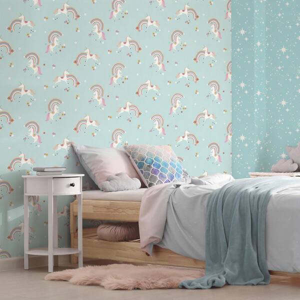 Rainbow Unicorn Blue Fantastical Wallpaper Sample