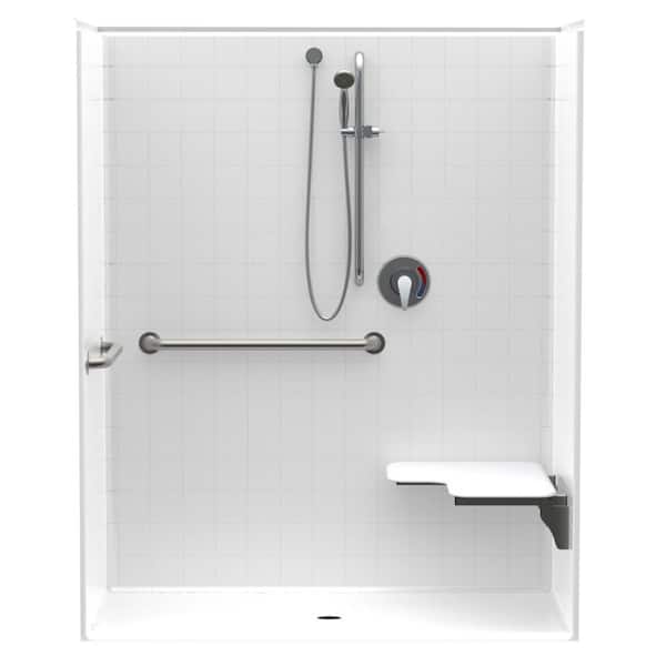 Aquatic Accessible Smooth Tile AcrlyX 60 in. x 34 in. x 74.9 in. 1-Piece ADA Shower Stall w/ Right Seat and Grab Bars in White