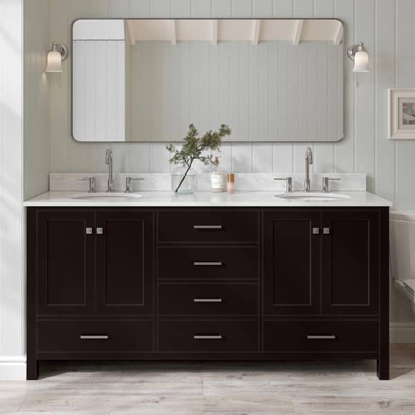 ARIEL Cambridge 73 in. W x 22 in. D x 35.25 in. H Vanity in Espresso with White Marble Vanity Top with Basin