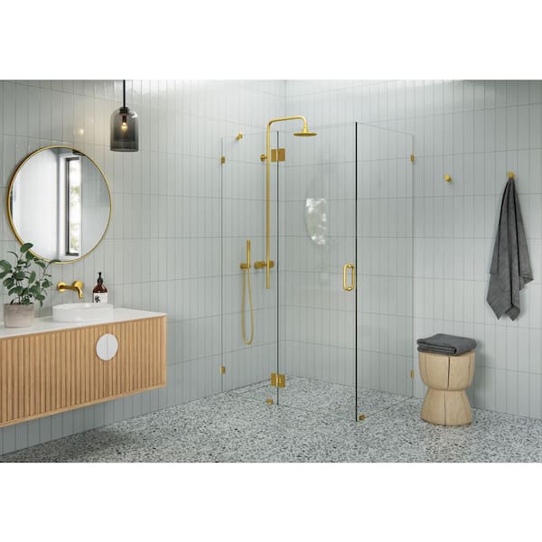 Glass Warehouse 51 in. W x 34 in. D x 78 in. H Pivot Frameless Corner Shower Enclosure in Satin Brass Finish with Clear Glass