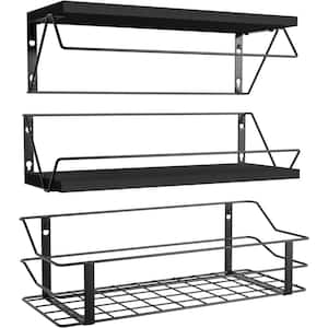 16.7 in. W x 6.7 in. D Decorative Wall Shelf, Black Wall Shelves with Storage Wire Basket Set of 3
