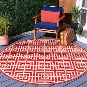 Beach House Red/Creme 7 ft. x 7 ft. Round Geometric Fretwork Indoor/Outdoor Area Rug