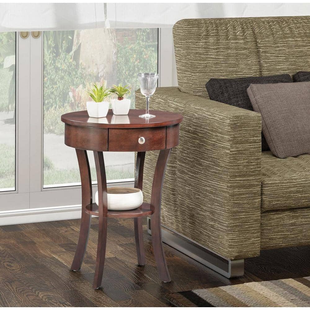 Espresso Round Wood End Table with Storage Drawer