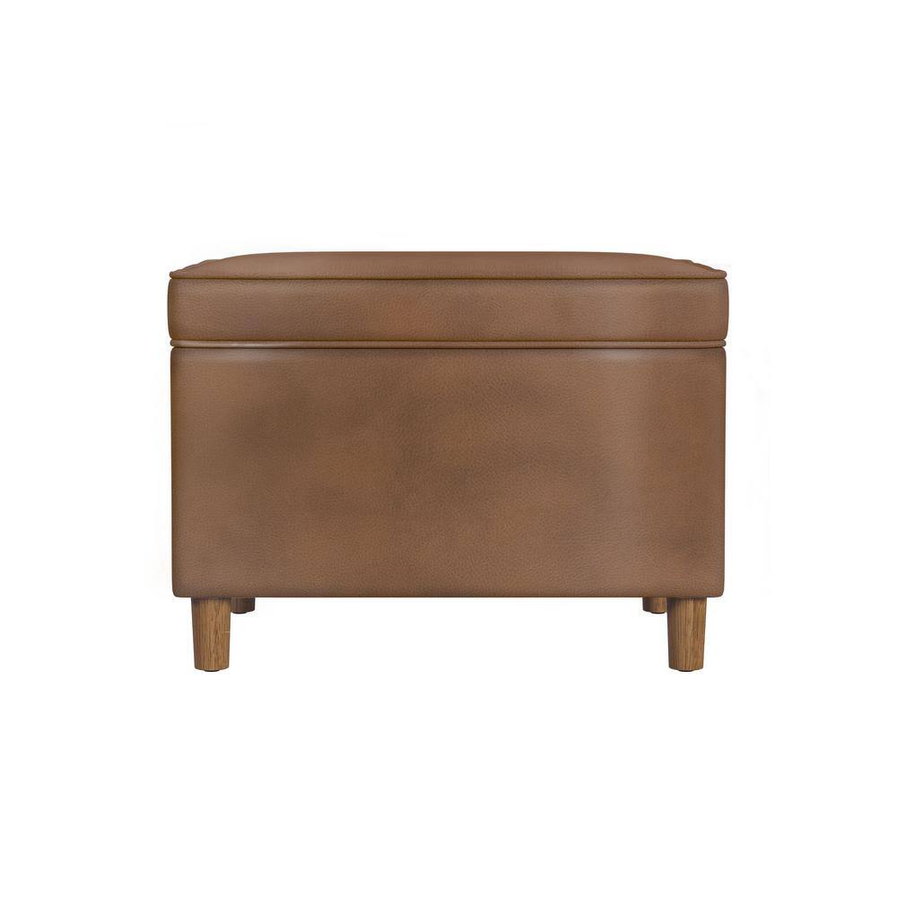 24" Dark Brown Faux Leather Storage Ottoman with Honey Oak Legs