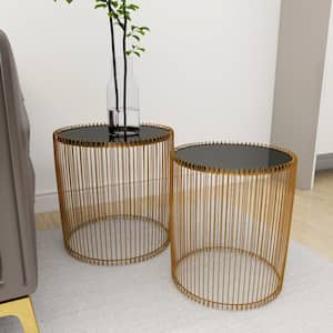 18 in. Gold Medium Round Glass End Accent Table with Shaded Glass Top (2- Pieces)