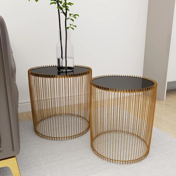 Litton Lane 18 in. Gold Medium Round Glass End Accent Table with Shaded Glass Top (2- Pieces)