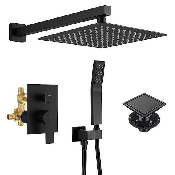 UKISHIRO Dowell 2-Spray 10 in. Shower Head Wall Mount Fixed and Handheld Shower Head 2.5 GPM in Black, with Shower Floor Drain