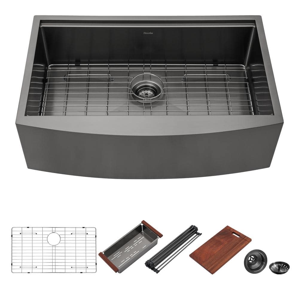 30 in. Farmhouse Apron Single Bowl Gunmetal Black 16 Gauge Stainless Steel Workstation Kitchen Sink with All Accessories -  Sarlai, NN-30ABR