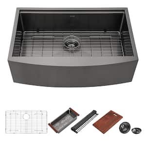 30 in. Farmhouse Apron Single Bowl Gunmetal Black 16 Gauge Stainless Steel Workstation Kitchen Sink with All Accessories