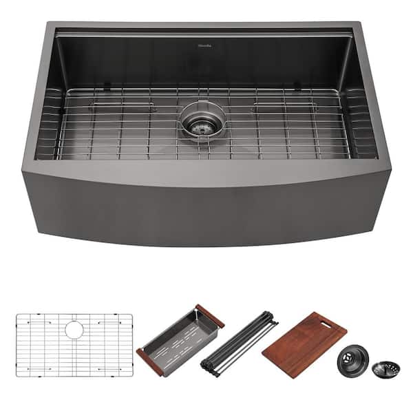 Sarlai 30 in. Farmhouse Apron Single Bowl Gunmetal Black 16 Gauge Stainless Steel Workstation Kitchen Sink with All Accessories