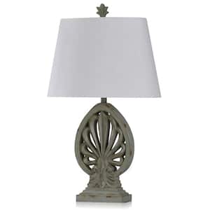Malik 33 in. Distressed Green With Undertones Of Brown Table Lamp with Textured White Fabric Shade