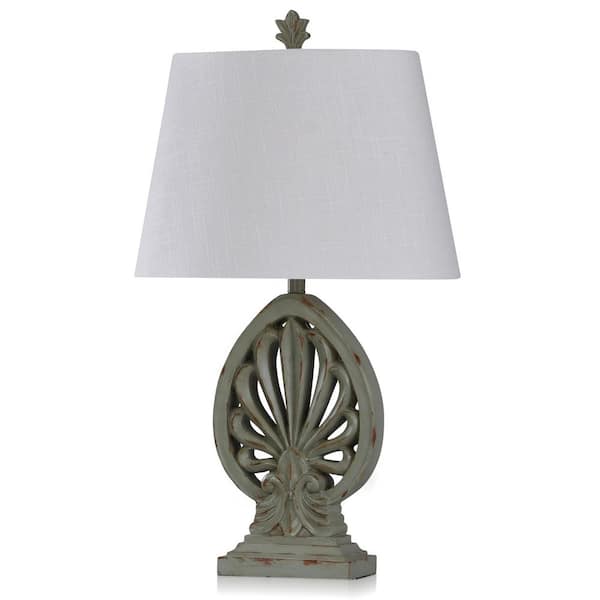 StyleCraft Malik 33 in. Distressed Green With Undertones Of Brown Table Lamp with Textured White Fabric Shade