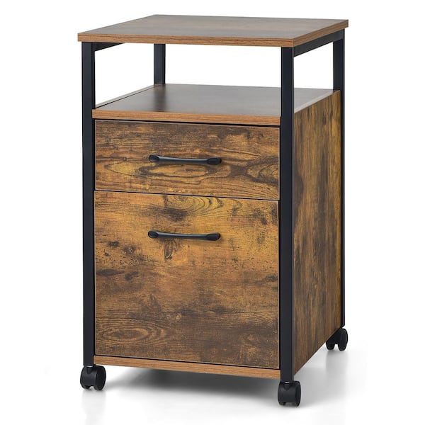 Costway Rustic Brown Mobile File Cabinet 2-Drawer Printer Stand with Open Shelf for Letter Size