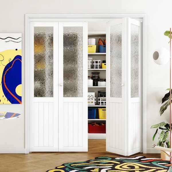 72 in. x 80 in. (Double 36 in. Doors) White, MDF, Half Tempered Hammered Glass Panel Bi-Fold Interior Door Hardware Kits