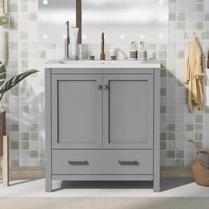30 in. W x 18 in. D x 34 in. H Freestanding Bath Vanity in Gray with White Top with 2-Doors and a Drawer