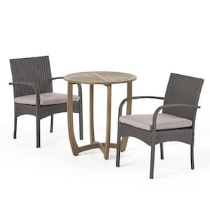 Lindy Gray 3-Piece Wood and Faux Rattan Outdoor Bistro Set with Gray Cushions