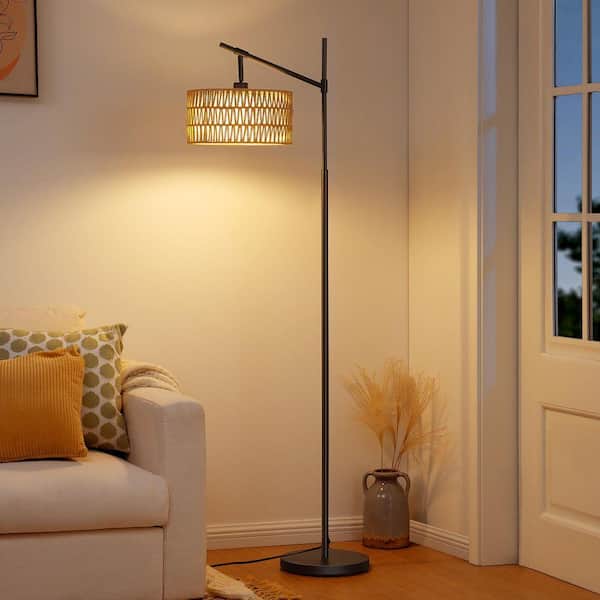 63.7 in. Brown Rattan Dimmable And Timer Arc Floor Lamp for Living Room With Bulb And Remote Control Included