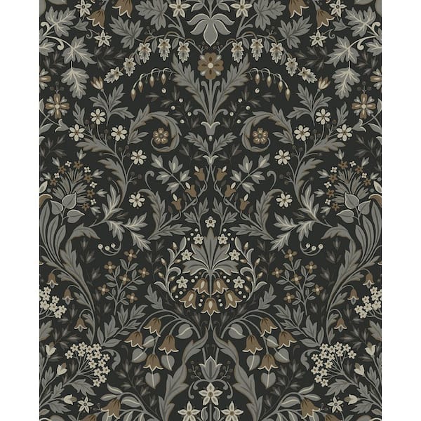 NextWall 15.38 sq. ft. Charcoal and Pavestone Filigree Floral Vinyl Peel and Stick Wallpaper Roll