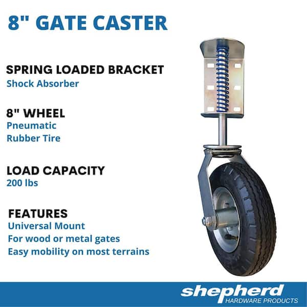 8 in. Black Rubber and Steel Pneumatic Swivel Gate Caster with Spring-Loaded Bracket and 200 lbs. Load Rating