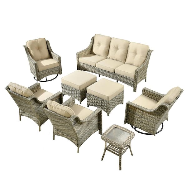 Cherry 8-Piece Wicker Outdoor Furniture Patio Conversation Sofa Seating Set with Swivel Chairs and Beige Cushions
