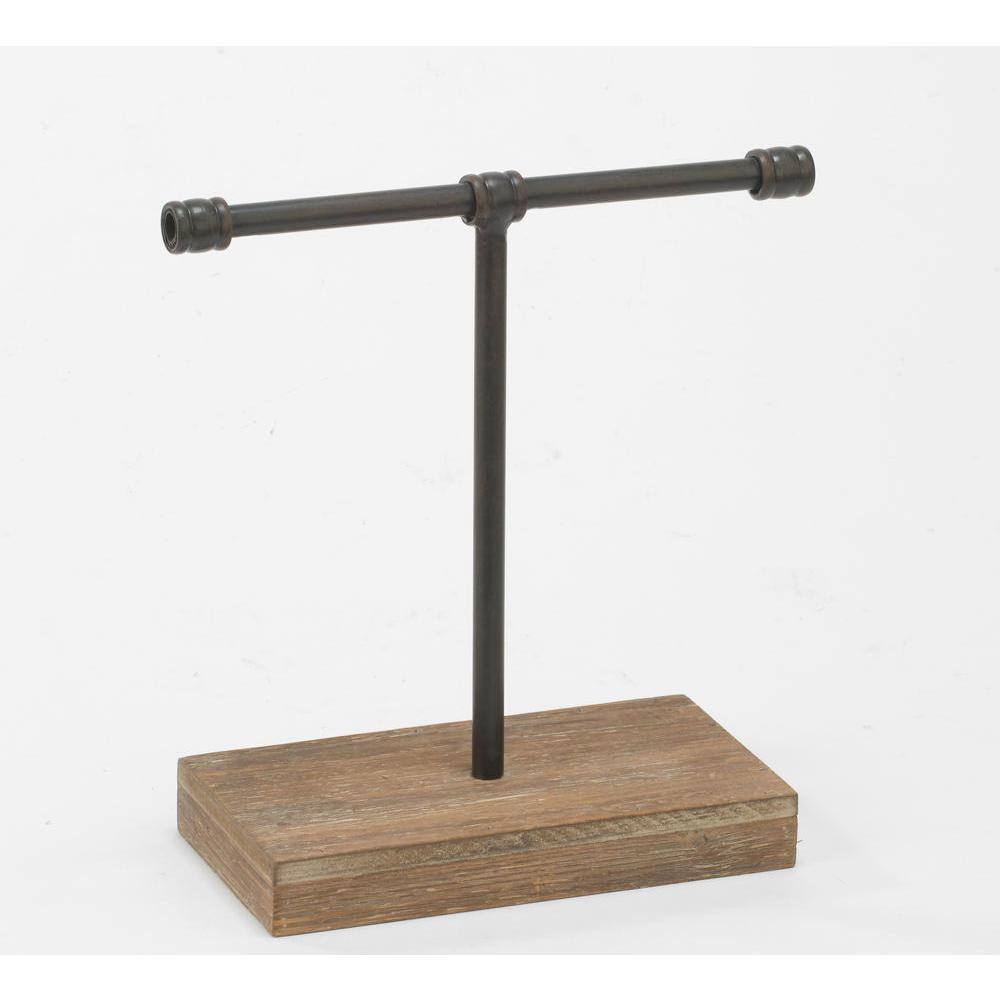 Small Black Metal T-Bar Jewelry Stand with Wooden Base