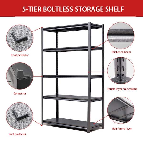 5-Tier Heavy Duty Storage Rack With Adjustable Height, Reinforced layer, Metal Garage Shelving - 48 x 18 x 78 Black