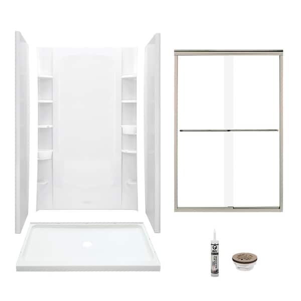 STERLING STORE+ 34 in. x 48 in. x 75.75 in. Center Drain Alcove Shower Kit in White and Brushed Nickel
