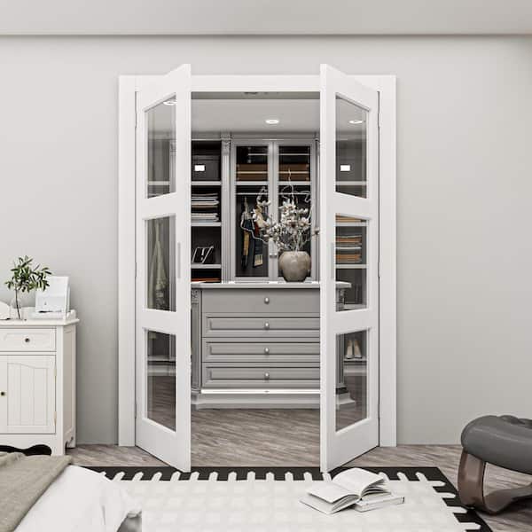 64 in. x 80 in. 3-Lite Clear Glass White Solid Core Glass French Door Without Jamb Double Interior Door Slab + Ballcatch