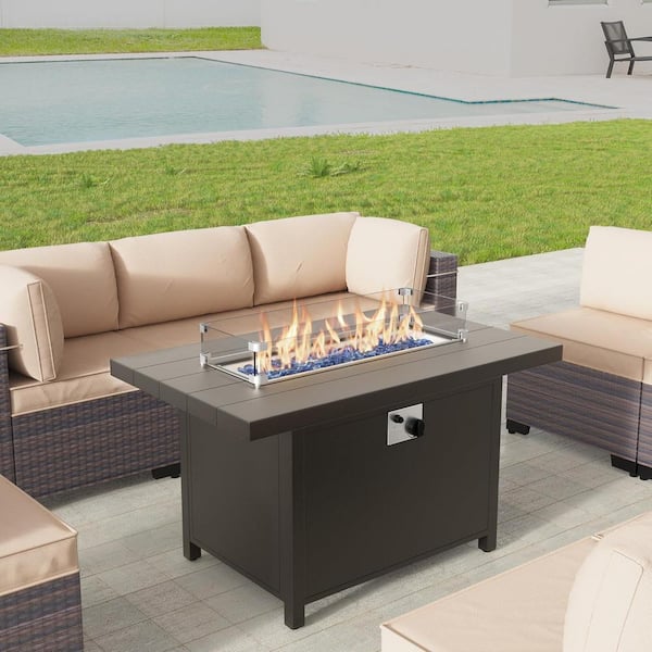 Halmuz Aluminum Outdoor Fire Pit Table with Adjustable Flame and Glass Wind Guard