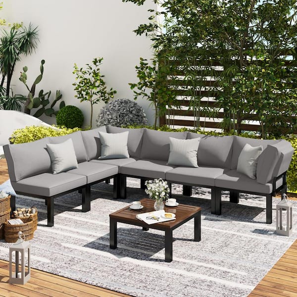 AECOJOY Black 7-Piece Metal Patio Sectional Conversation Set with Gray Cushions
