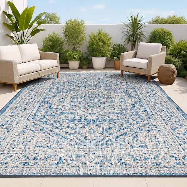 Sinjuri Medallion Textured Weave Navy/Gray 9 ft. x 12 ft. Indoor/Outdoor Area Rug