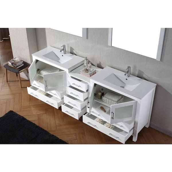 Palmera 90 inch Double Sink Bathroom White Vanity & Side Cabinet